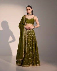 Olive green chinnon kali lehenga set with zari embroidery