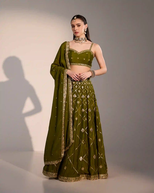 Olive green chinnon kali lehenga set with zari embroidery