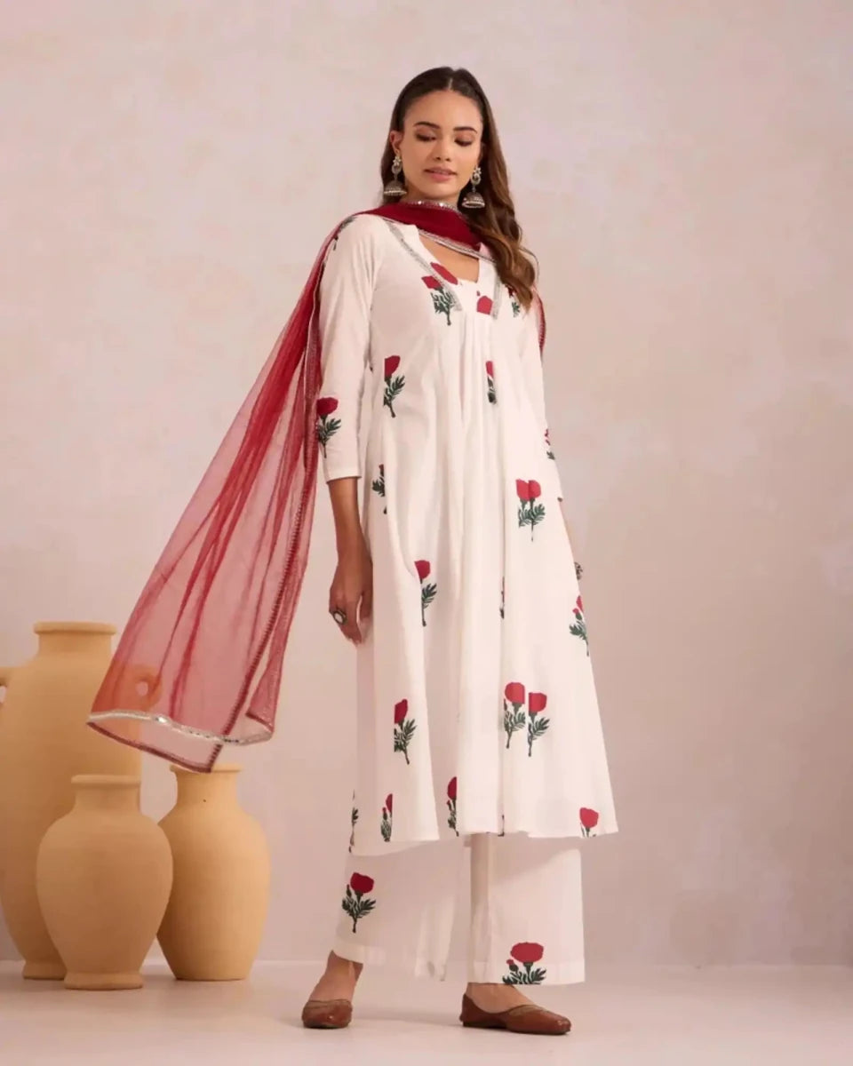 Red Rose on White Basanta - AgapiCotton Kurthi