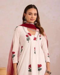 Red Rose on White Basanta - AgapiCotton Kurthi