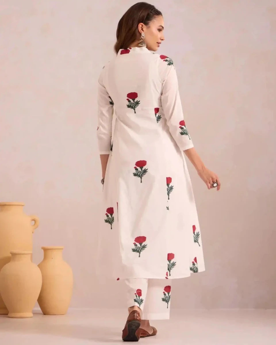 Red Rose on White Basanta - AgapiCotton Kurthi