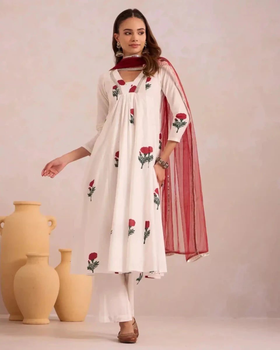 Red Rose on White Basanta - AgapiCotton Kurthi