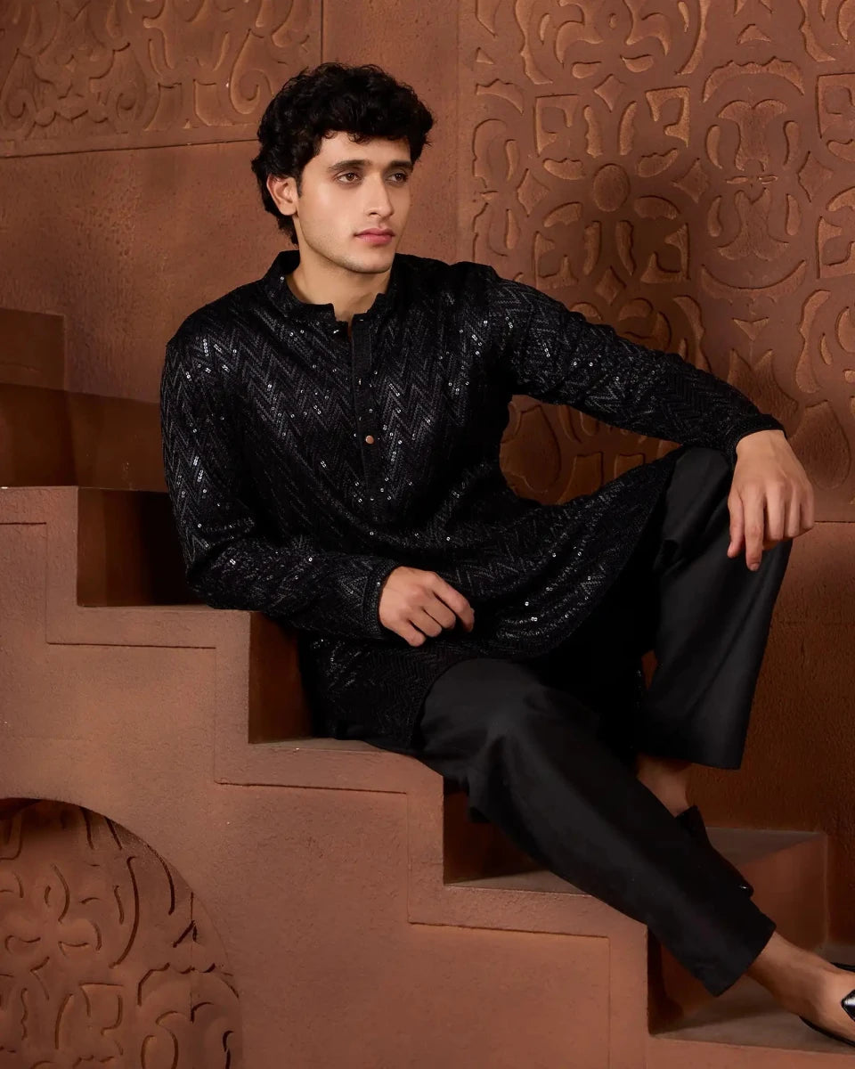 Sky Aura Premium Kurta Set with Refined Embroidery - AgapiMen's Kurtha