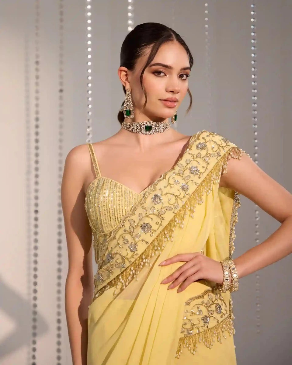 Soft Pastel Yellow Pre - Draped Saree - AgapiSarees