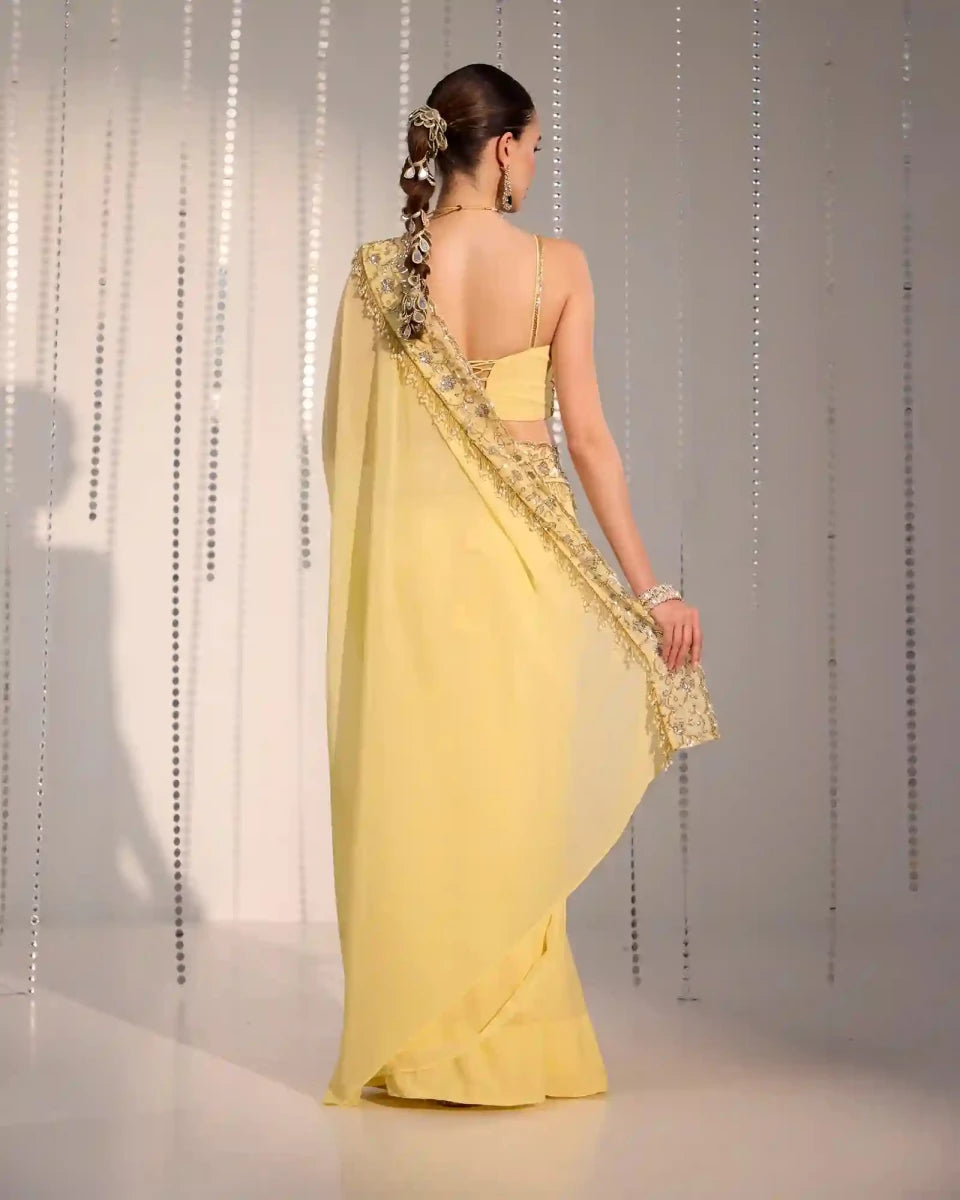 Soft Pastel Yellow Pre - Draped Saree - AgapiSarees