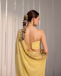 Soft Pastel Yellow Pre - Draped Saree - AgapiSarees