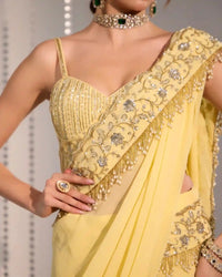 Soft Pastel Yellow Pre - Draped Saree - AgapiSarees