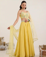 Solea Lemon Yellow Silk Lehenga Set with Mirror Work