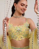 Solea Lemon Yellow Silk Lehenga Set with Mirror Work