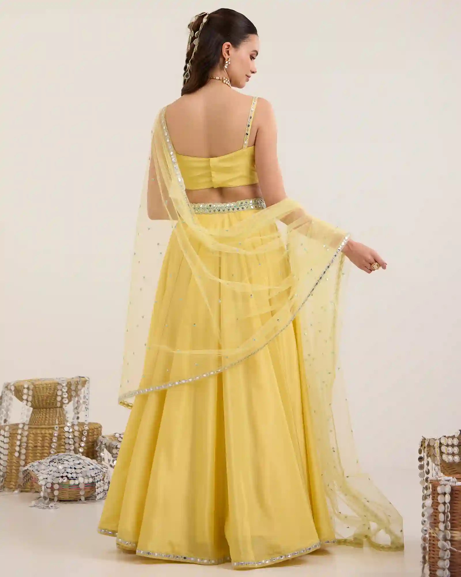 Solea Lemon Yellow Silk Lehenga Set with Mirror Work