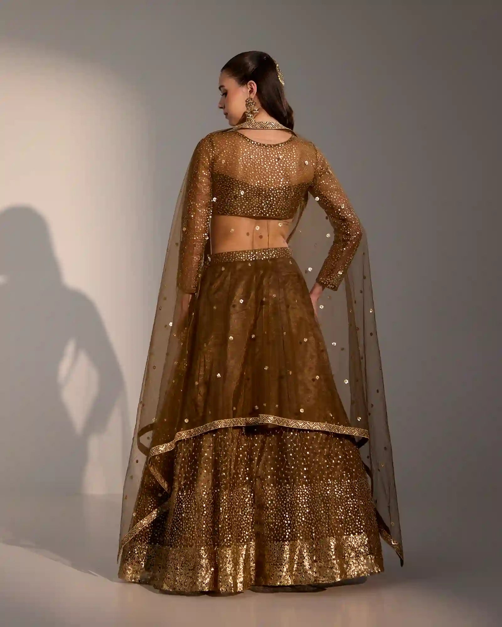 Sora Chocolate Brown Net Lehenga Set with Subtle Shimmer & Sheer Blouse