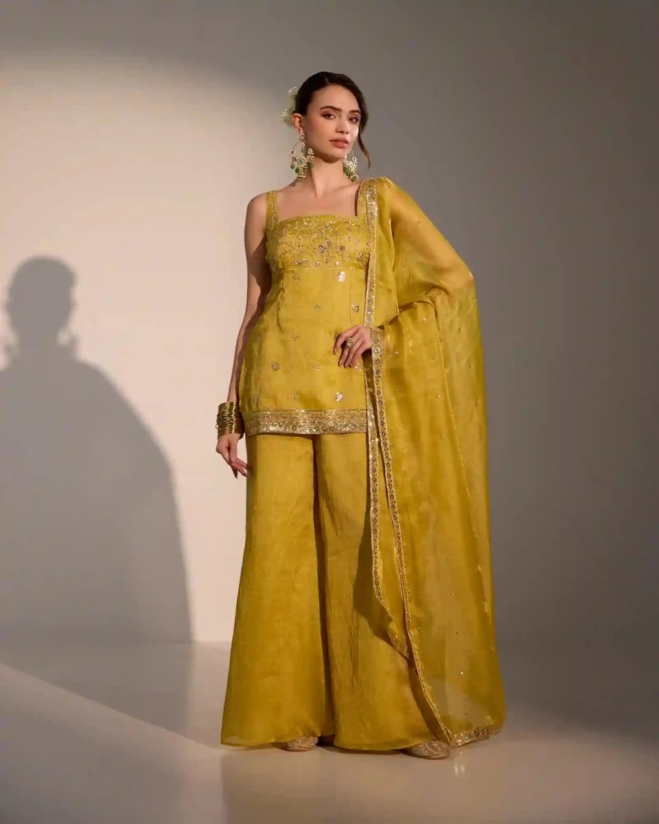 Tara Soft Yellow Silk Sharara Set - AgapiSharara Set