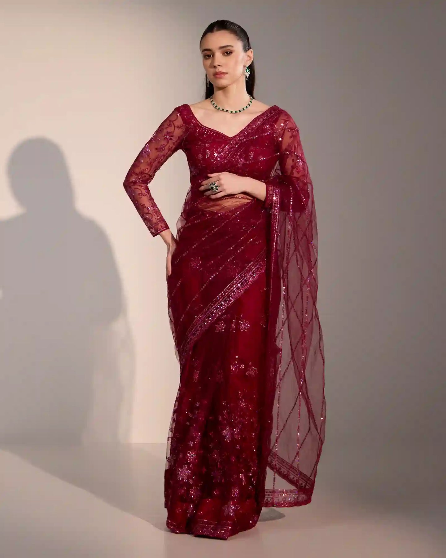 Zaria burgundy shimmer saree for festive occasions