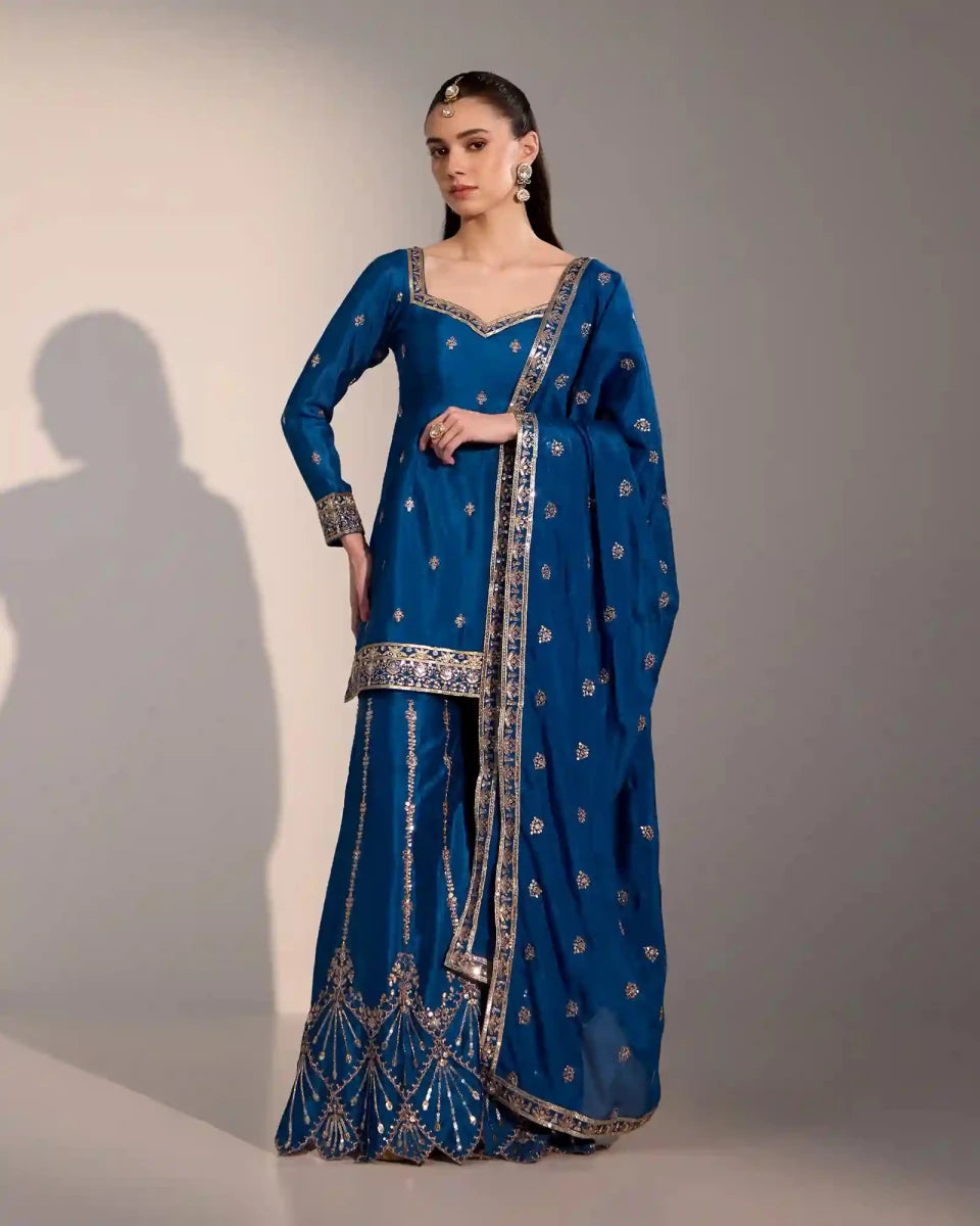 Zara Deep Blue Gharara Set with Zari & Sequin Embroidery – Designer Indian Ethnic Wear for Women - AgapiGharara Set